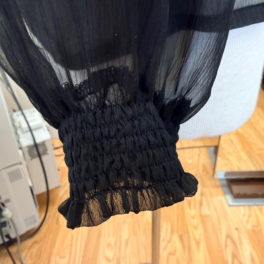 ROMY Romantic Sheer Chiffon Blouse Womens Small Black Sexy Ruffle Ribbon Tie - Picture 7 of 13